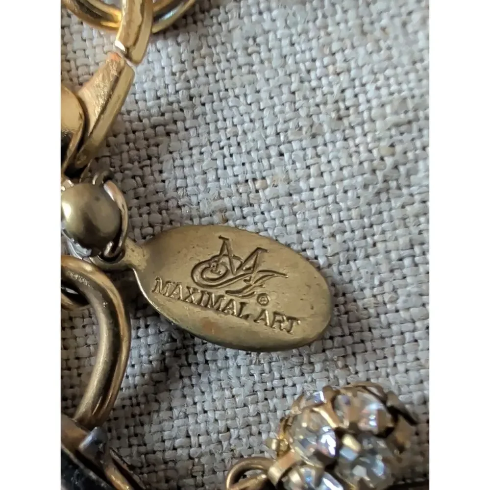 Signed Maximal Art Charm Bracelet Gold Tone Chunky Chain Dream Charm Rhinestone